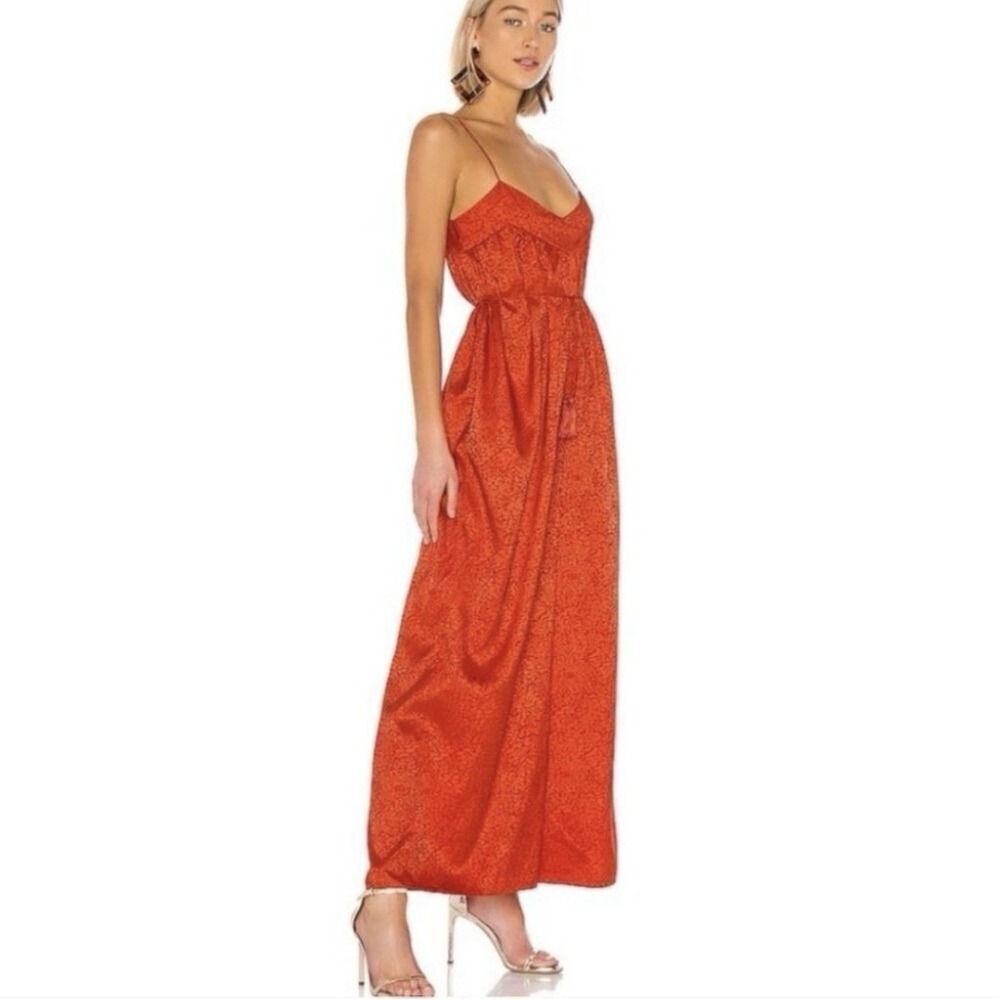 Saylor Red Orange Jacquard Jumpsuit Spaghetti Strap Wide Leg Tie Waist Sz XS